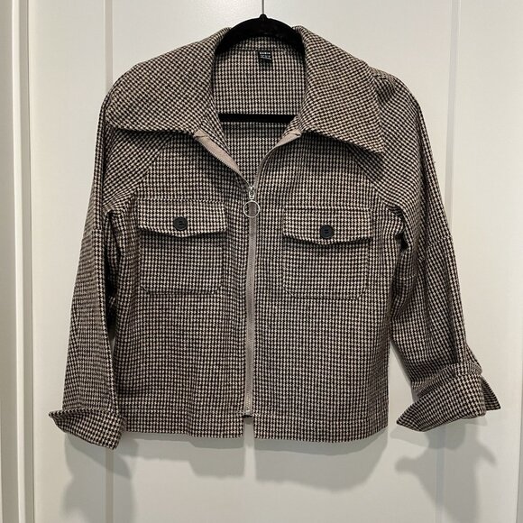 Houndstooth Zip Up Flap Pocket Raglan Sleeve Short Jacket S - Picture 2 of 12